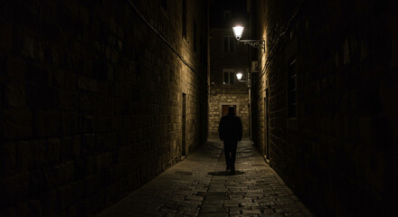 A person walking down a dark alleyway at night illuminated by street lamps and stone brick buildings
