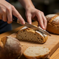 Close-up of a person's hands using a knife to slice a freshly baked loaf of crusty sourdough bread on a wooden cutting board.
