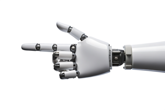 White robotic hand pointing left with thumb up isolated on a transparent background