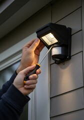 Close-up of someone installing a motion-activated outdoor security light.
