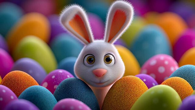 Bunny peacefully rests with eyes closed among cheerful, colorful Easter eggs in a playful spring setting. Brightly colored collection enhances festive atmosphere