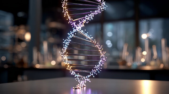 Blue DNA double helix with water molecule blue background. Human genetic research DNA, laboratory environment. Abstract image of human genetics, which glowing DNA strands merge with digital elements