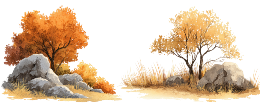 Autumn landscape with two trees and rocks (1)