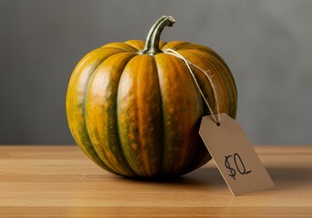 A close-up studio shot of a round, ripe pumpkin with a price tag on a wooden surface.