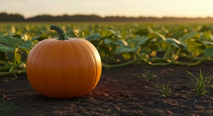 A vibrant orange pumpkin sits in a field ready for harvest.