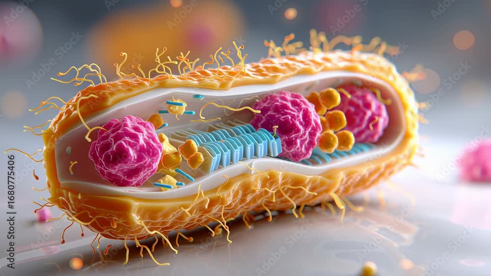 Poster detailed depiction of a cell showcasing mitochondria with visible cellular processes and interaction