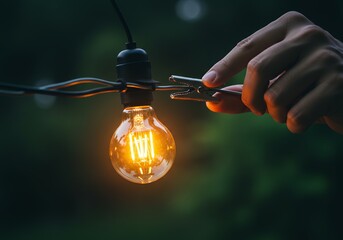 Close-up of a glowing light bulb hanging on a wire, held by a metal clip.