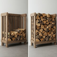 A rustic wooden firewood rack shown in two views, one partially filled and one fully stacked with split logs.