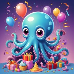 Joyful cartoon octopus celebrates birthday with colorful balloons, gifts, and festive confetti