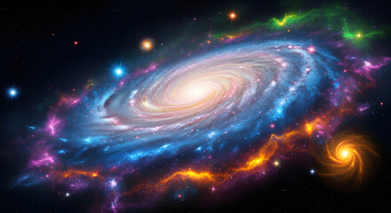 Stunning spiral galaxy ablaze with vibrant nebulae and distant stars, a cosmic spectacle.