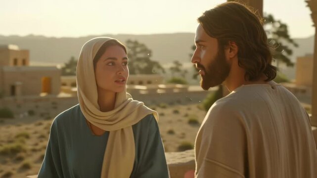 Jesus and a Samaritan woman talking. Biblical scene of Jesus Christ with a veiled woman in ancient times footage.