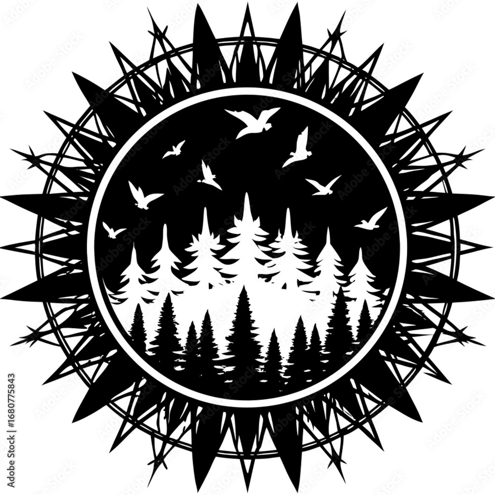 Poster minimilist silhouette of trees and birds inside a circle with spiky sunburst design around the perim