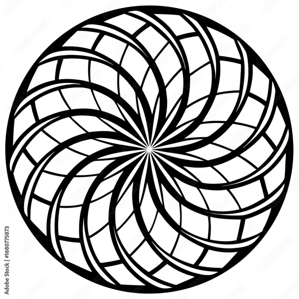 Poster minimilist circular design with radiating lines and curved grid pattern in black and white color sch