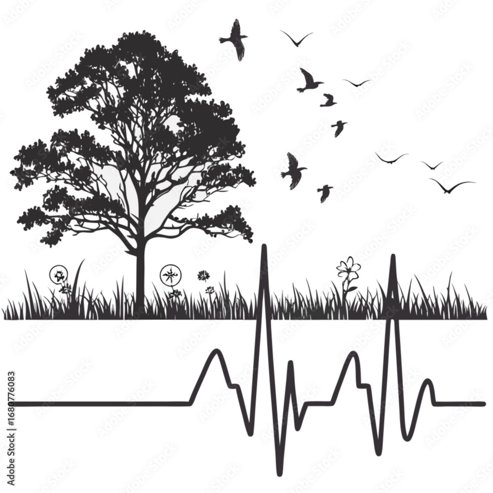 Poster minimilist silhouette of a tree with birds flying above and an ekg line below in a nature scene desi