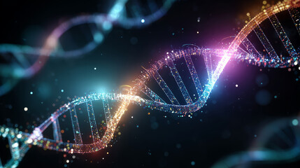 Blue DNA double helix with water molecule blue background. Human genetic research DNA, laboratory environment. Abstract image of human genetics, which glowing DNA strands merge with digital elements
