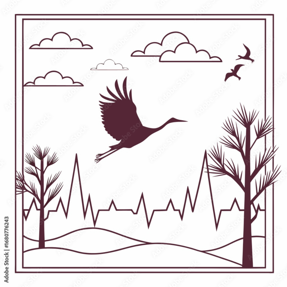 Poster minimilist illustration of flying crane with trees clouds and heartbeat line in a framed square desi
