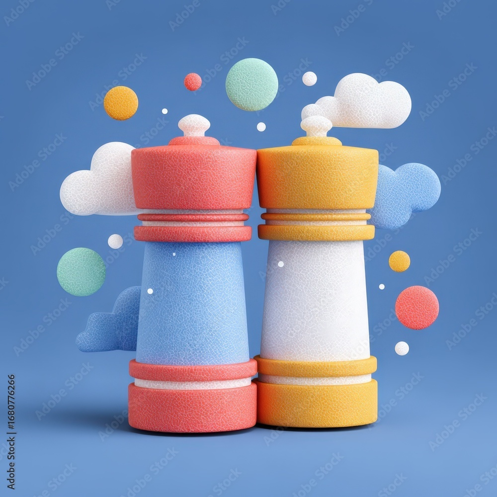 Aufkleber colorful 3d rendered towers with clouds and circles abstract background design illustration