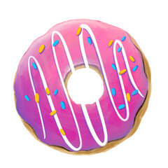 Hand drawn bright pink glazed donut with colorful sprinkles and white icing stripes. Tasty sweet pastry illustration perfect for bakery, cafe, and dessert designs.
