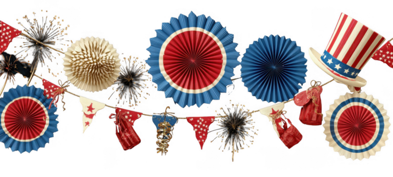 Festive patriotic decorations with red white and blue rosettes, bunting, fireworks, and a top hat