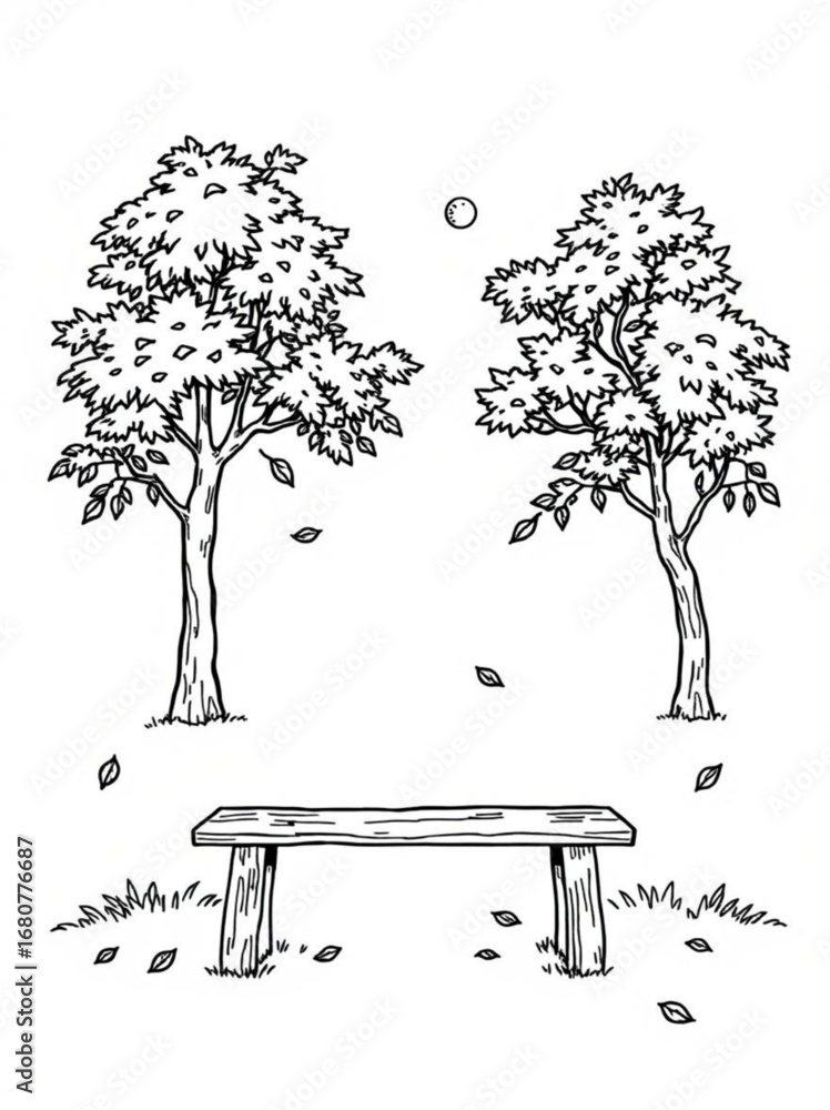 Poster minimilist a tranquil scene featuring two trees a bench and falling leaves in a monochrome line draw