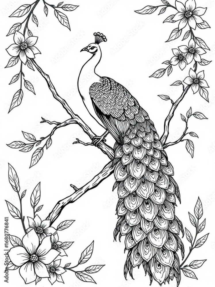 Poster minimilist detailed line art of a peacock perched on a branch surrounded by flowers and foliage desi