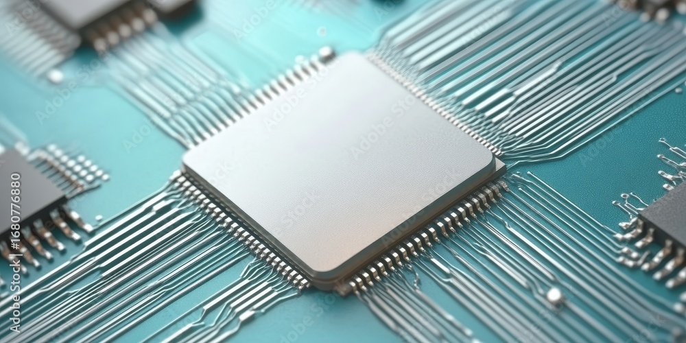 Poster complex microchip surface technology illustration on a circuit board for modern computing systems