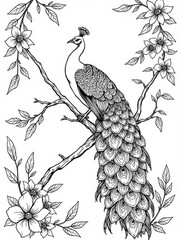 Minimilist detailed line art of a peacock perched on a branch surrounded by flowers and foliage design element vector