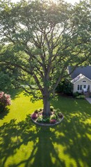 A large tree dominates the front yard of a house on a sunny day.