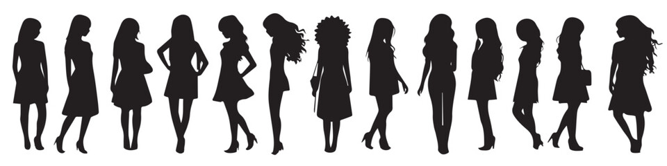  black silhouettes set of girls on white background pro design