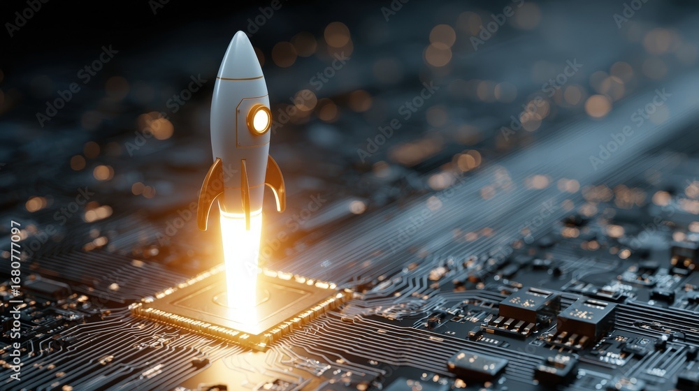 Poster a futuristic rocket launching from a computer microchip represents technological innovation and star