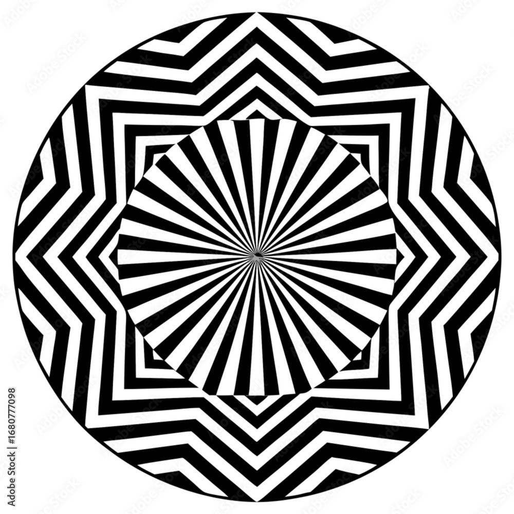 Poster minimilist black and white optical illusion with radiating lines and zigzag pattern in a circular de