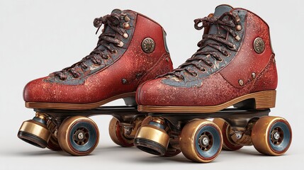 Red-and-grey vintage roller skates with gold wheels against a white background