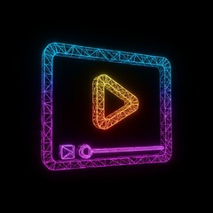 A vibrant, neon-outlined video player interface, showcasing a play button and progress bar on a dark background.