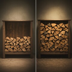 Empty and Full Wooden Firewood Storage Rack.