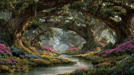 Fototapeta premium Serene Magical Forest Scene Lush Greenery Blooming Flowers and a Tranquil Stream Flowing Through Ancient Trees