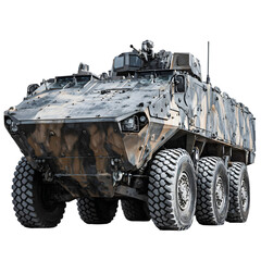 Fototapeta premium Modern military armored personnel carrier with camouflage paint scheme, isolated on transparent background
