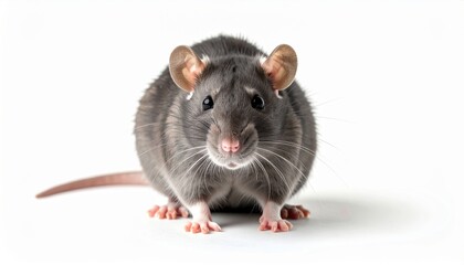 A close-up view of a curious gray rat with prominent ears and bright eyes on a white background.