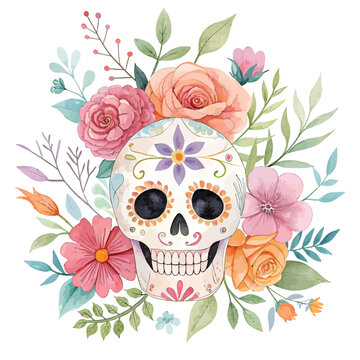 Vibrant day of the dead sugar skull art with blooming flowers and foliage vector