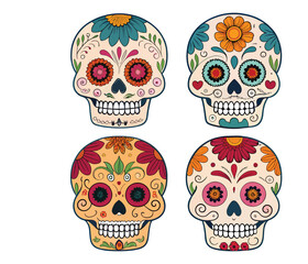 Four vibrant sugar skulls for day of the dead celebrations and festive designs vector
