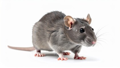 A close-up view of a gray rodent standing on a white background with attentive posture.