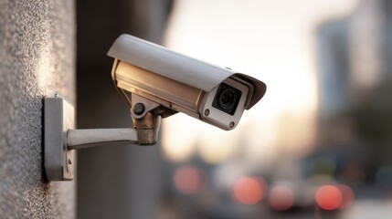 Security CCTV Camera Mounted on a Wall Outdoors Monitoring Urban Street Scene A Close Up Shot of Surveillance Technology