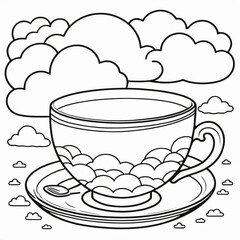 Minimilist illustration of a teacup on a saucer with a spoon and clouds around it in black and white outline vector