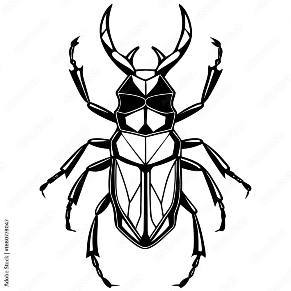 Poster minimilist illustration of a stag beetle with geometric patterns and bold outlines on a white backgr