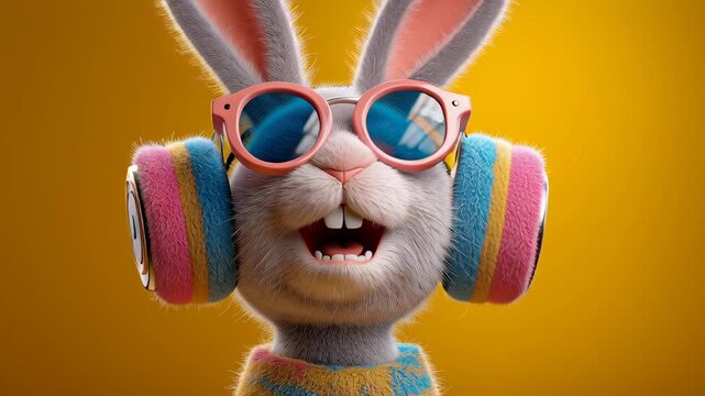 Rabbit wearing stylish headphones and sunglasses bops head to music. Bright orange backdrop adds lively energy. Concept of entertainment, children's products, playful marketing