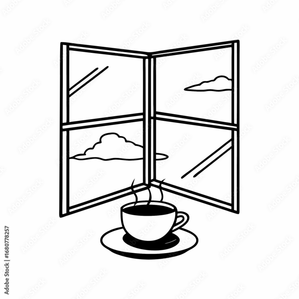 Poster minimilist a steaming cup of coffee sits before an open window with clouds visible in the panes of g