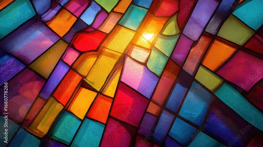 Poster vibrant colorful stained glass window with sunlight shining through abstract geometric pattern