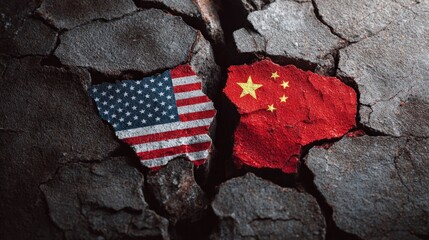 US and China flags painted on cracked earth signifying global conflict political tension international relations