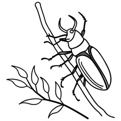 Minimilist illustration of a stag beetle clinging to a branch with leaves in a black and white drawing style vector