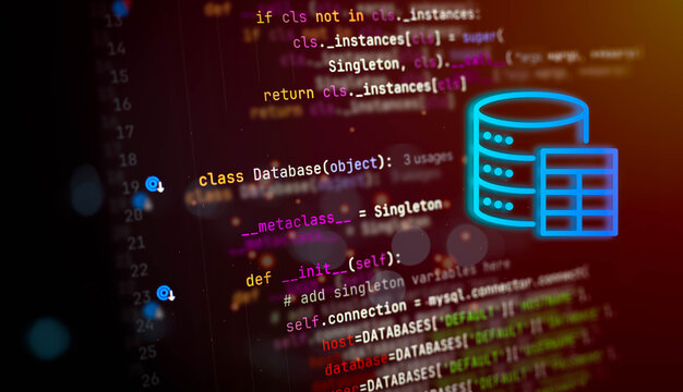 Python code for database connection with glowing neon database icon, symbolizing backend development, data engineering, and software infrastructure on a dark screen background. - Powered by Adobe