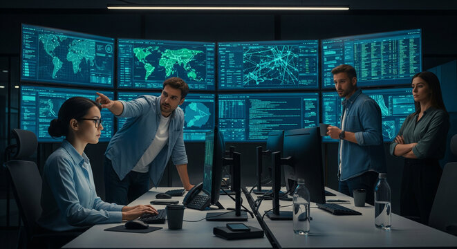 Diverse Team of Professional IT Technicians Collaborating in a High-Tech Control Room with Live Data Displays